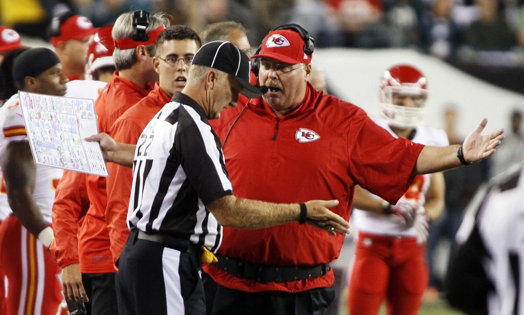 Chiefs' Reid argues a call with an official during their NFL football game with the Eagles in Philadelphia