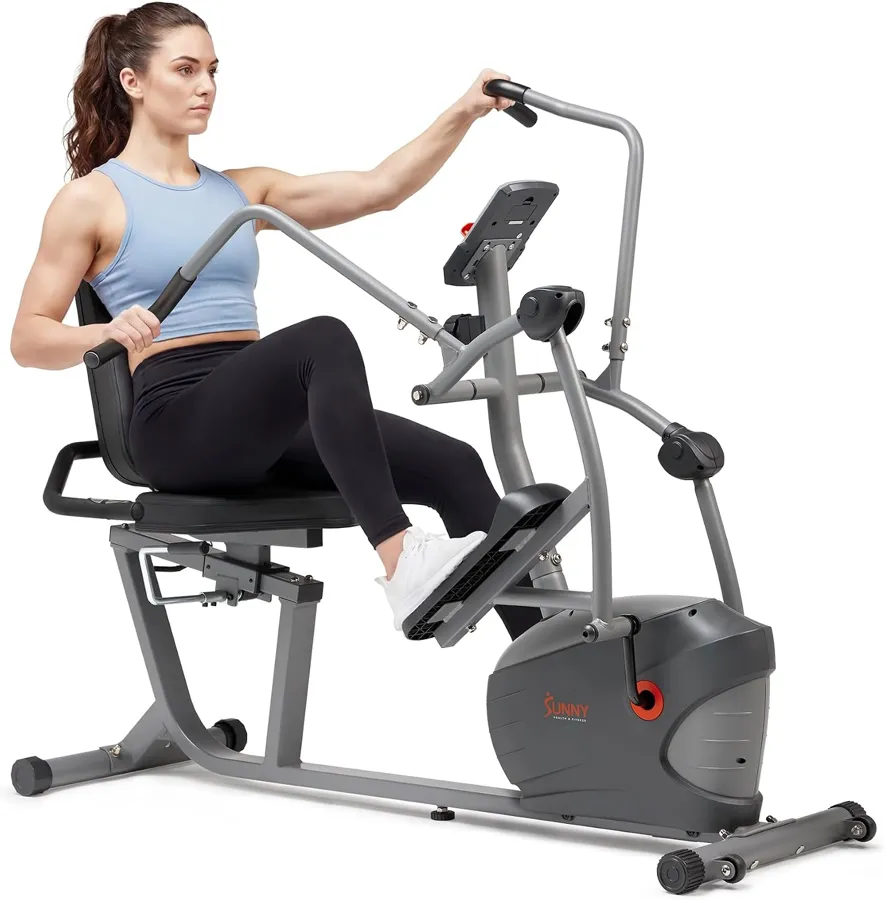 Vélo elliptique semi-allongé Sunny Health & Fitness avec siège et dossier, adapté aux genoux fragiles après 50 ans