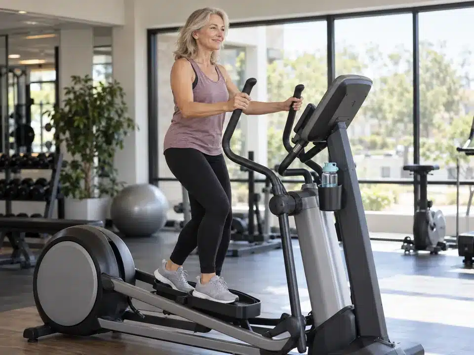Femme de 58 ans sur un vélo elliptique en salle, pieds à plat sur les pédales pour ménager ses genoux